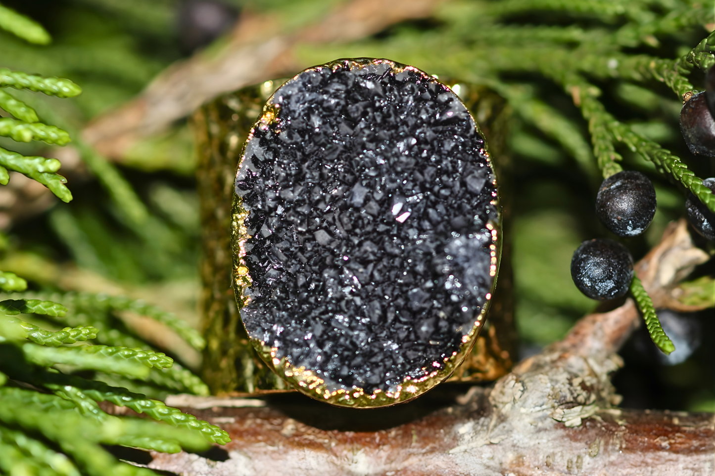 Ring with a black, textured stone on a branch with green leaves